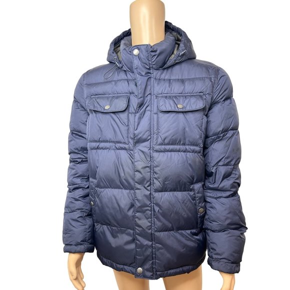 Tommy Hilfiger Men’s Puffer Jacket L Navy Blue Quilted Hooded Zip & Snaps Winter - Picture 1 of 16